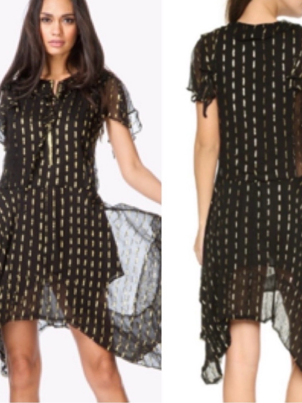 Zadig & Voltaire Black Dress with Gold Metallic Dots - High-Low Hem